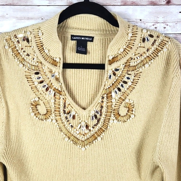 Lauren Michelle, Gold scooped beaded and pearls neckline. Size M - Picture 4 of 11